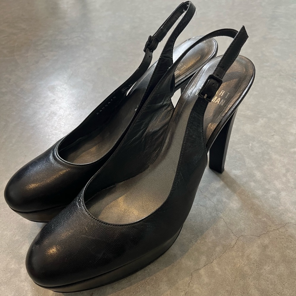 Stuart Weitzman Black Leather Platform Slingback Pumps
